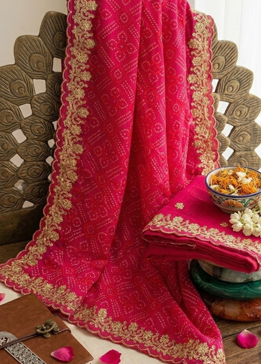Ruhani – A Deep Pink Bandhani Saree with Gota Lace Border