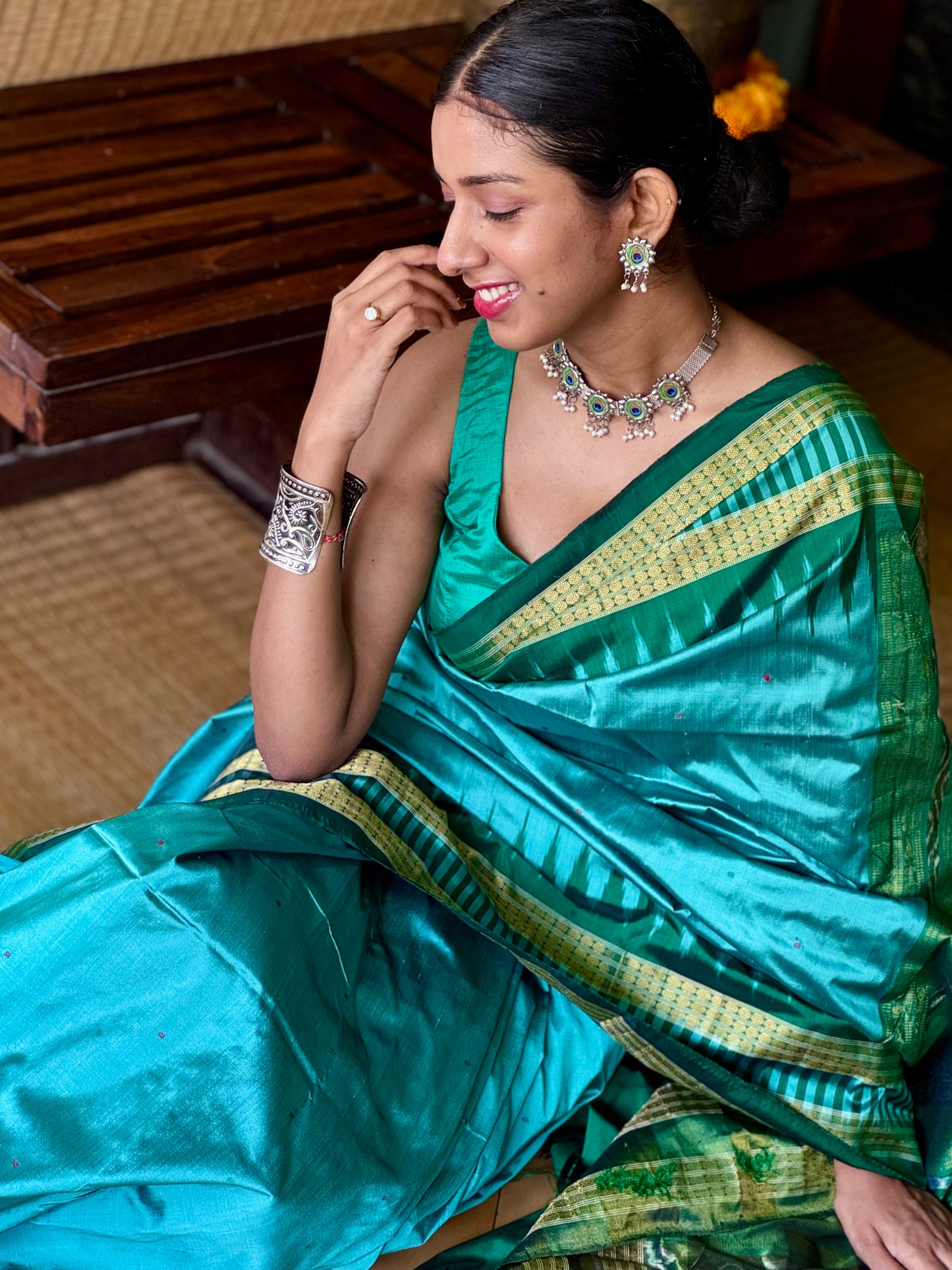 Mayuri - Sea Green & Emerald Green Sambalpuri Bomkai Silk saree