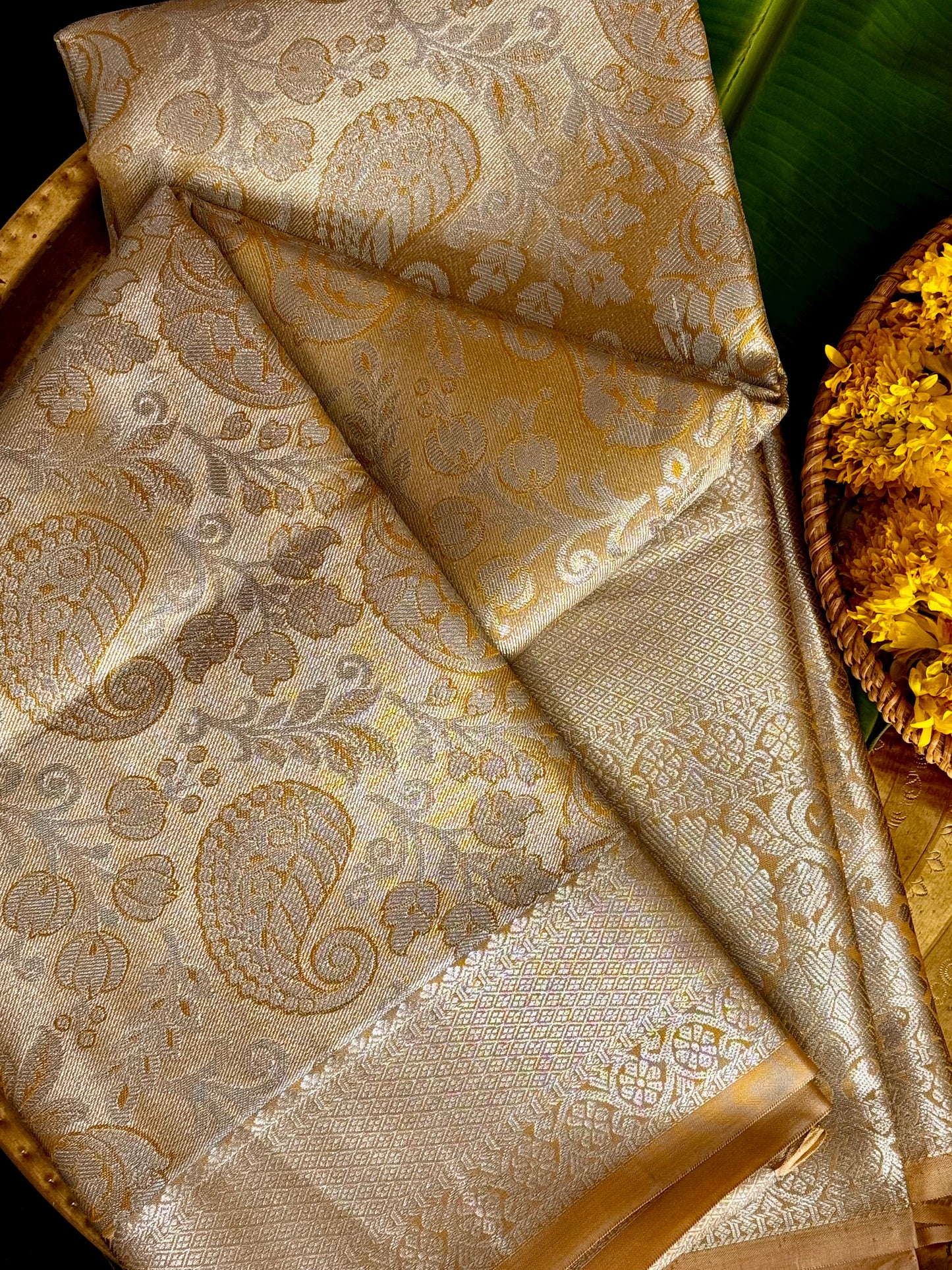 Swarnachandra - Silver & Gold Kanchipuram Silk Saree with Paisley Motifs