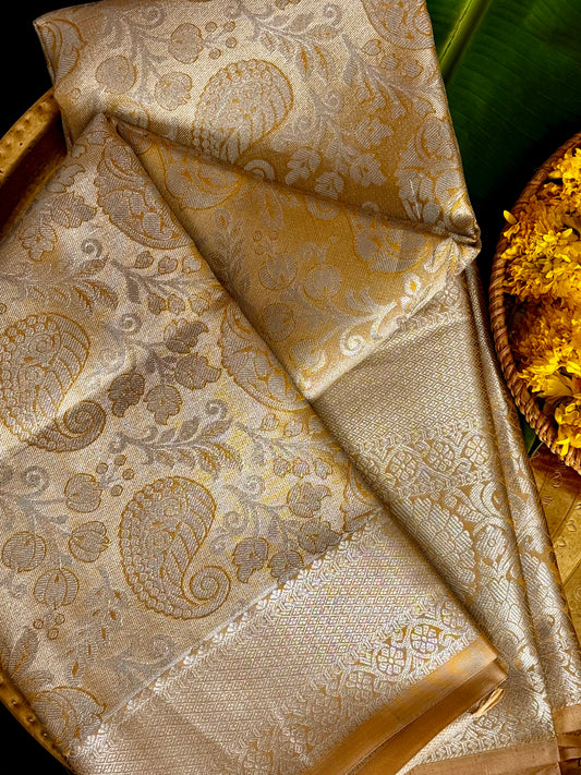 Swarnachandra - Silver & Gold Kanchipuram Silk Saree with Paisley Motifs