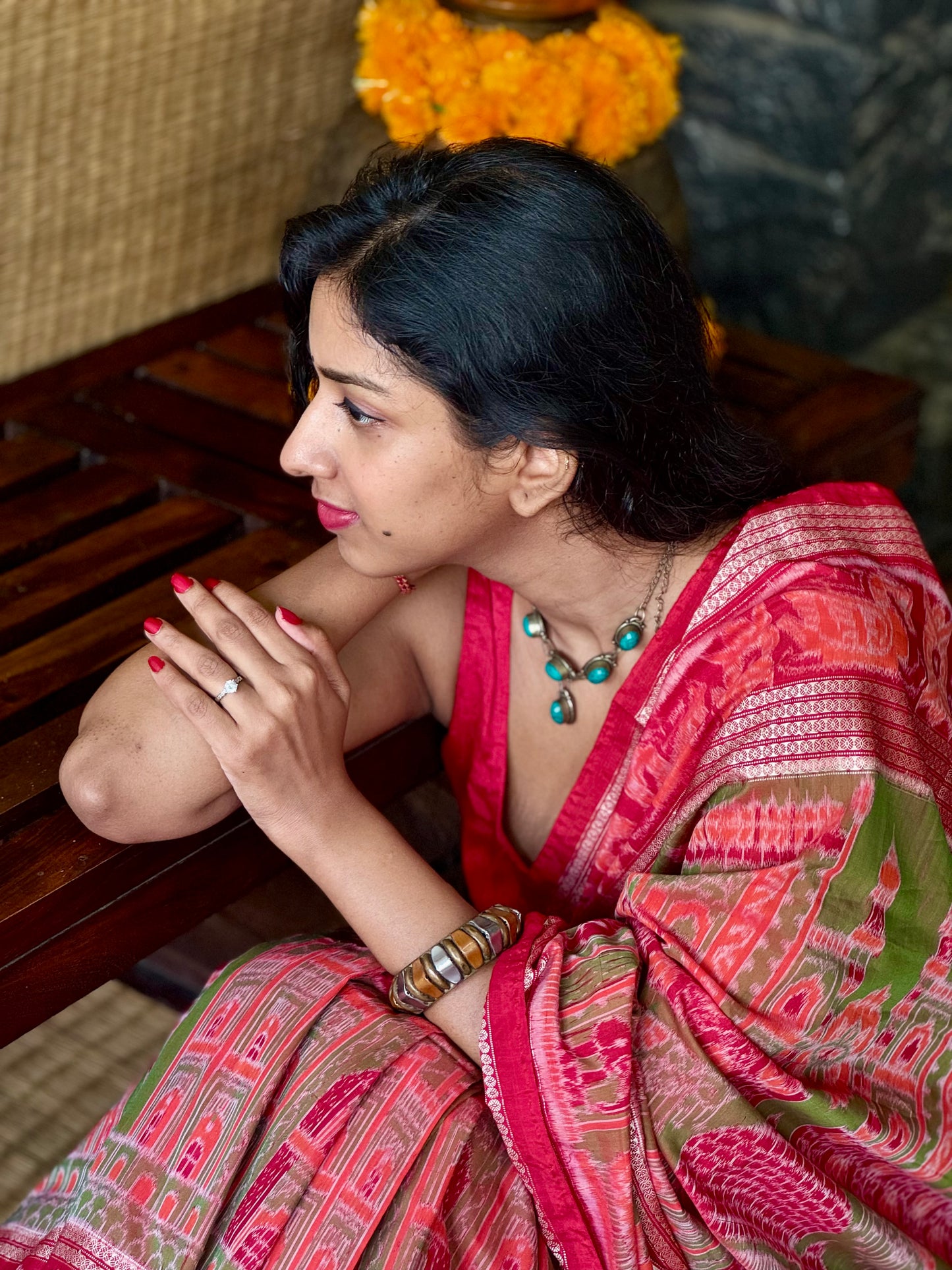 Kesariya - Red & Olive green Sambalpuri Silk-Cotton Saree