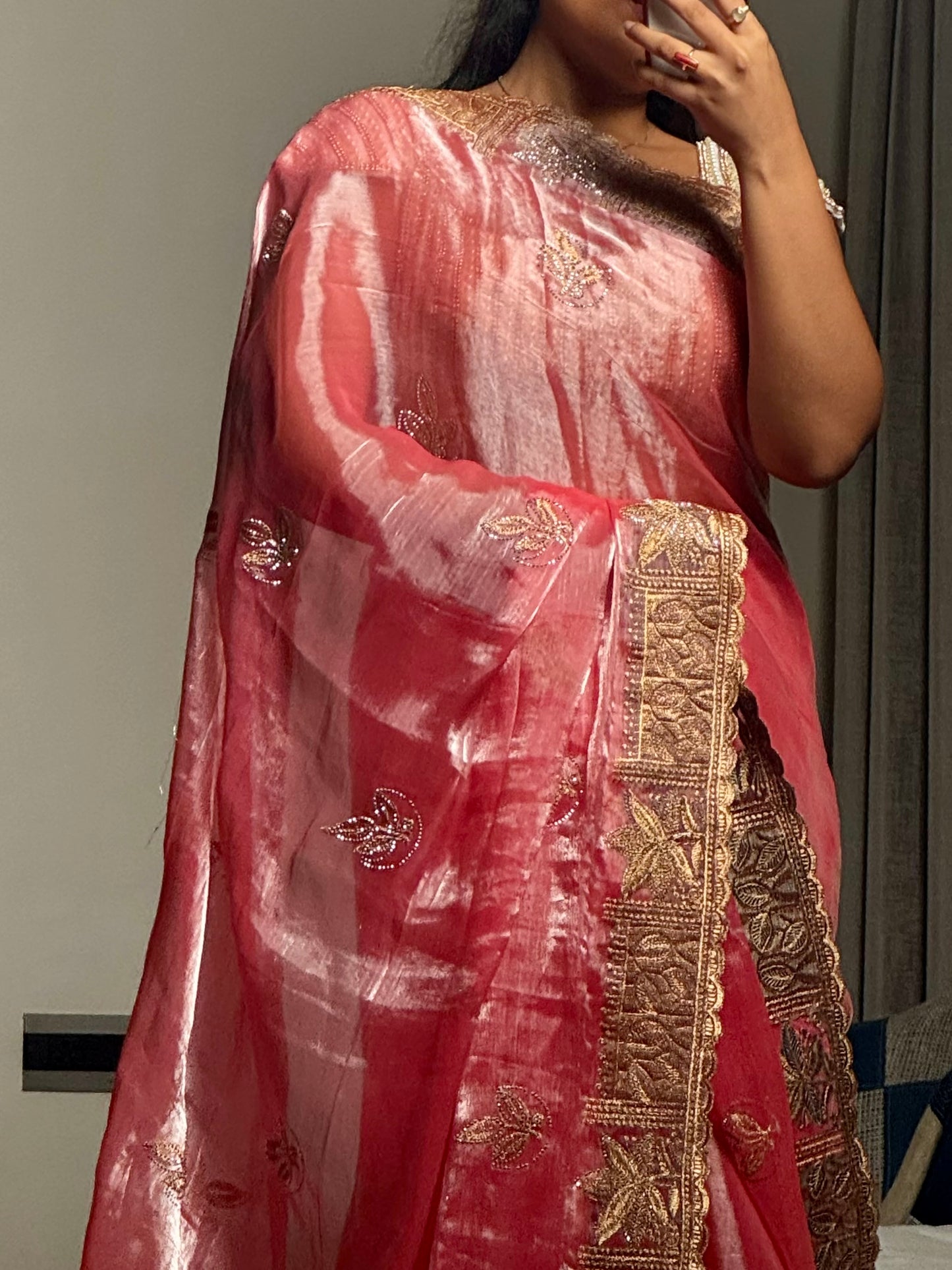 Pranaya – A Rose Gold Tissue Silk Saree with Zari Leaf Embroidery