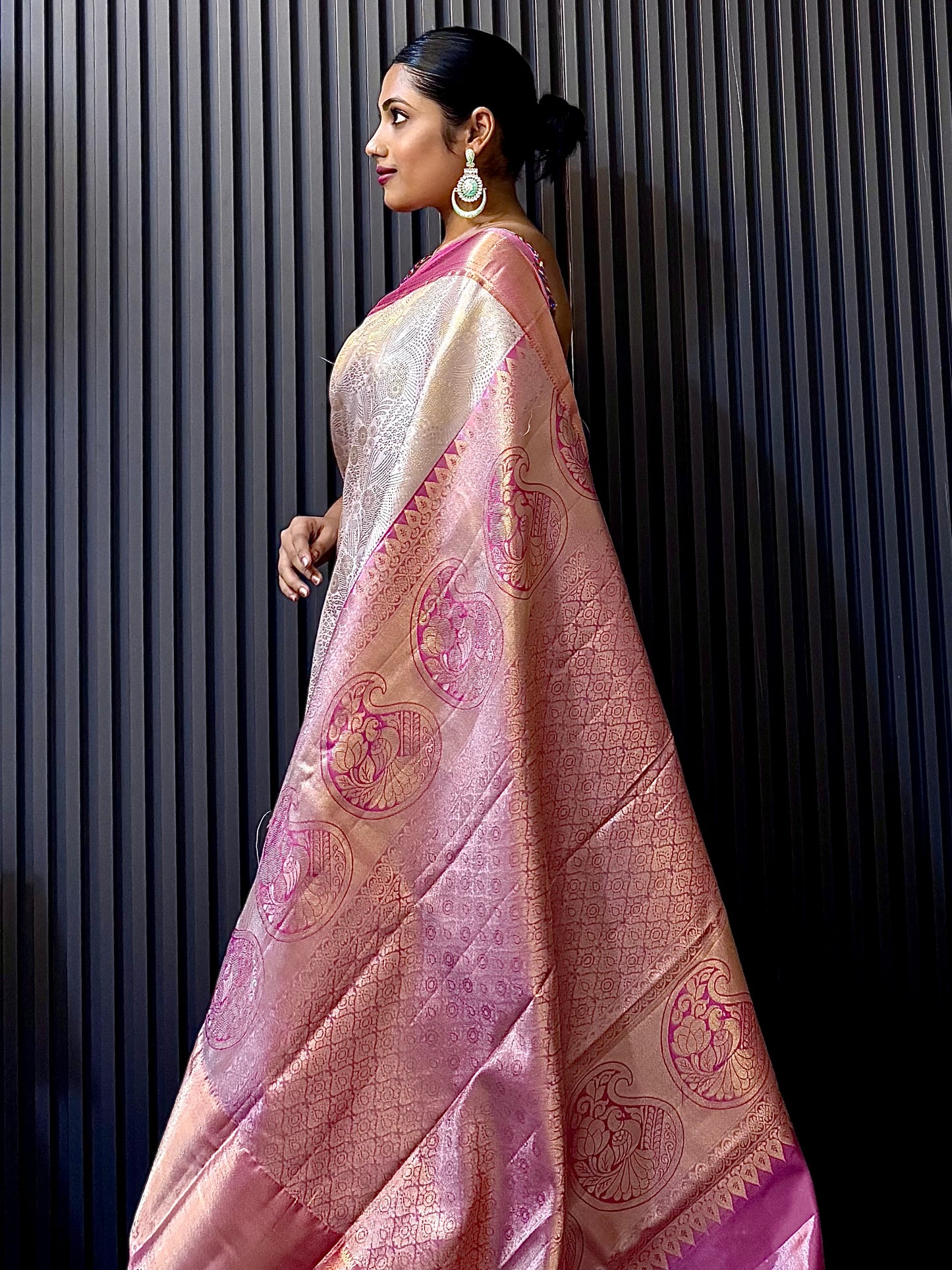 Roja - Ivory & Coral Pink Kanchipuram Silk Saree with Yali Motifs