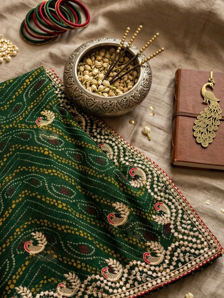 Kumkum – A Handcrafted Green Bandhani Saree with Gota Embroidery