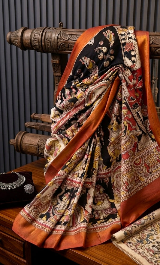 Kalika - Black Kalamkari silk saree with Deity & Peacock Motifs