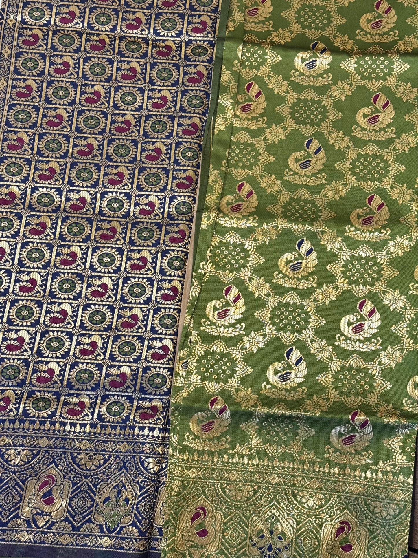 Vanya – A Handwoven Olive Green Patola Saree with Navy Contrast and Golden Zari Detailing