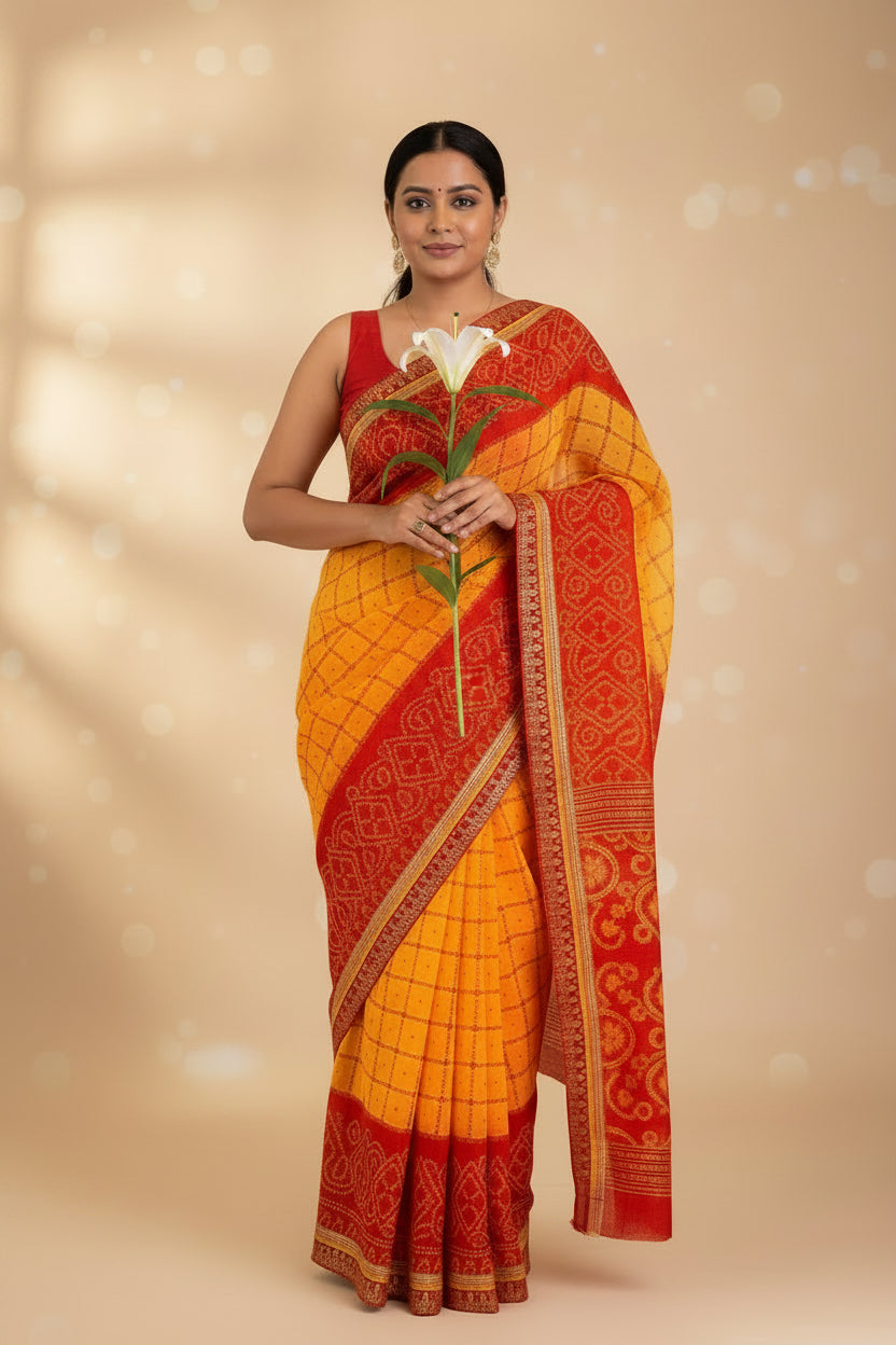 Surya Rekha – Mustard Red Silk Saree with Bandhani-Inspired Grid & Zari Border