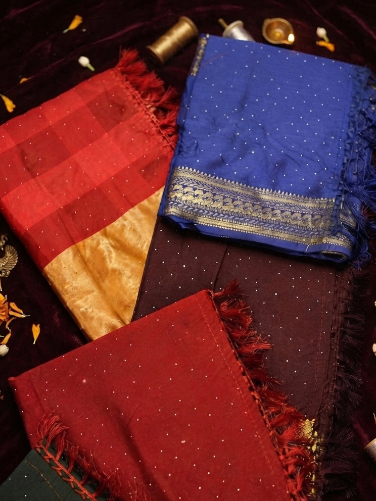 Rajlaxmi – Dola Silk Sarees with Zari Borders and Swarovski Detailing