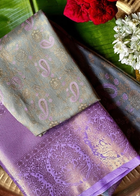 Lilam - Lilac Gold Kanjeevaram Silk Saree with Paisley and Floral Motifs