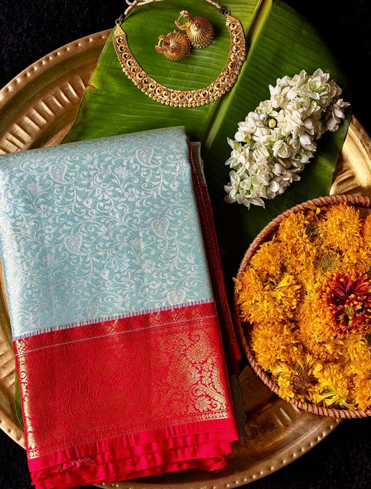 Ishita - Mint Green & Vermilion Red Kanchipuram Silk Saree with Paisley Jaal