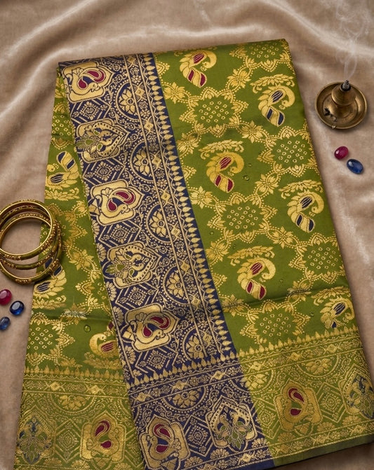 Avani – A Handwoven Olive Green Patola Saree with Navy Contrast and Golden Zari Detailing