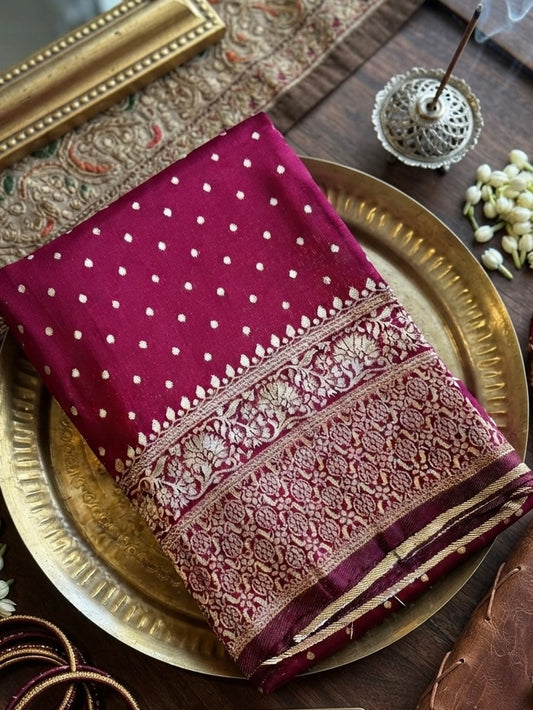 Rakta Chandrika – Deep Maroon Banarasi Silk Saree with Zari Butis & Floral Jaal