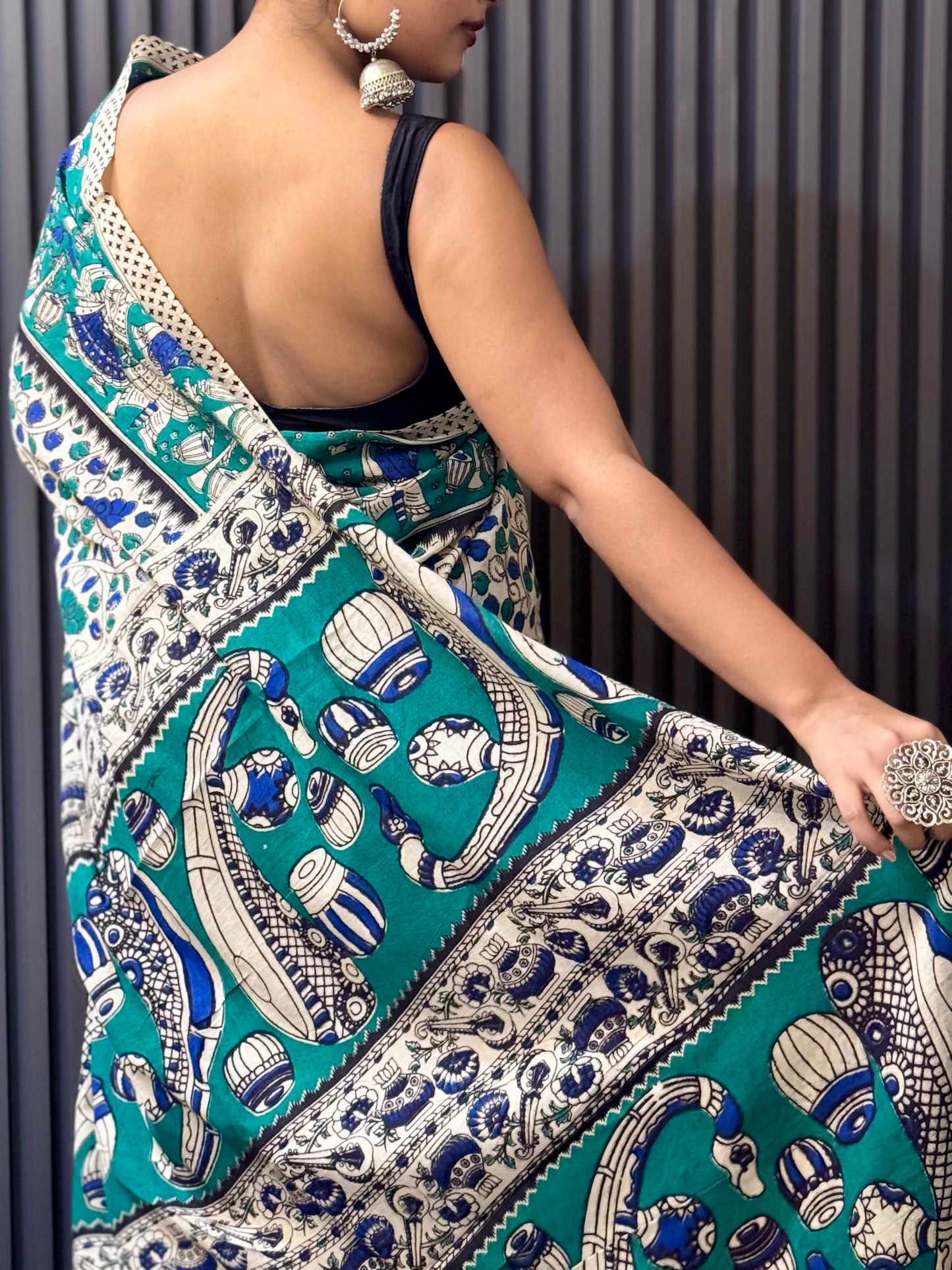Raagini - Off-White & teal kalamkari mulmul cotton saree with Dance & Musical Motifs