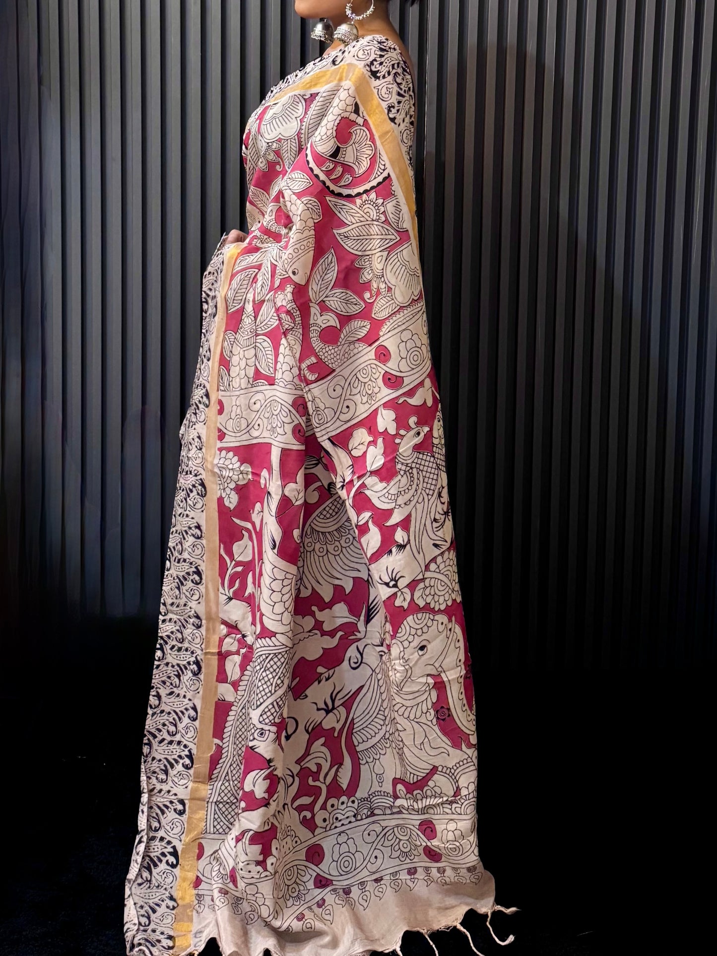 Mayurkatha - Soft Pink Kalamkari silk saree with Peacock & Fish Motifs