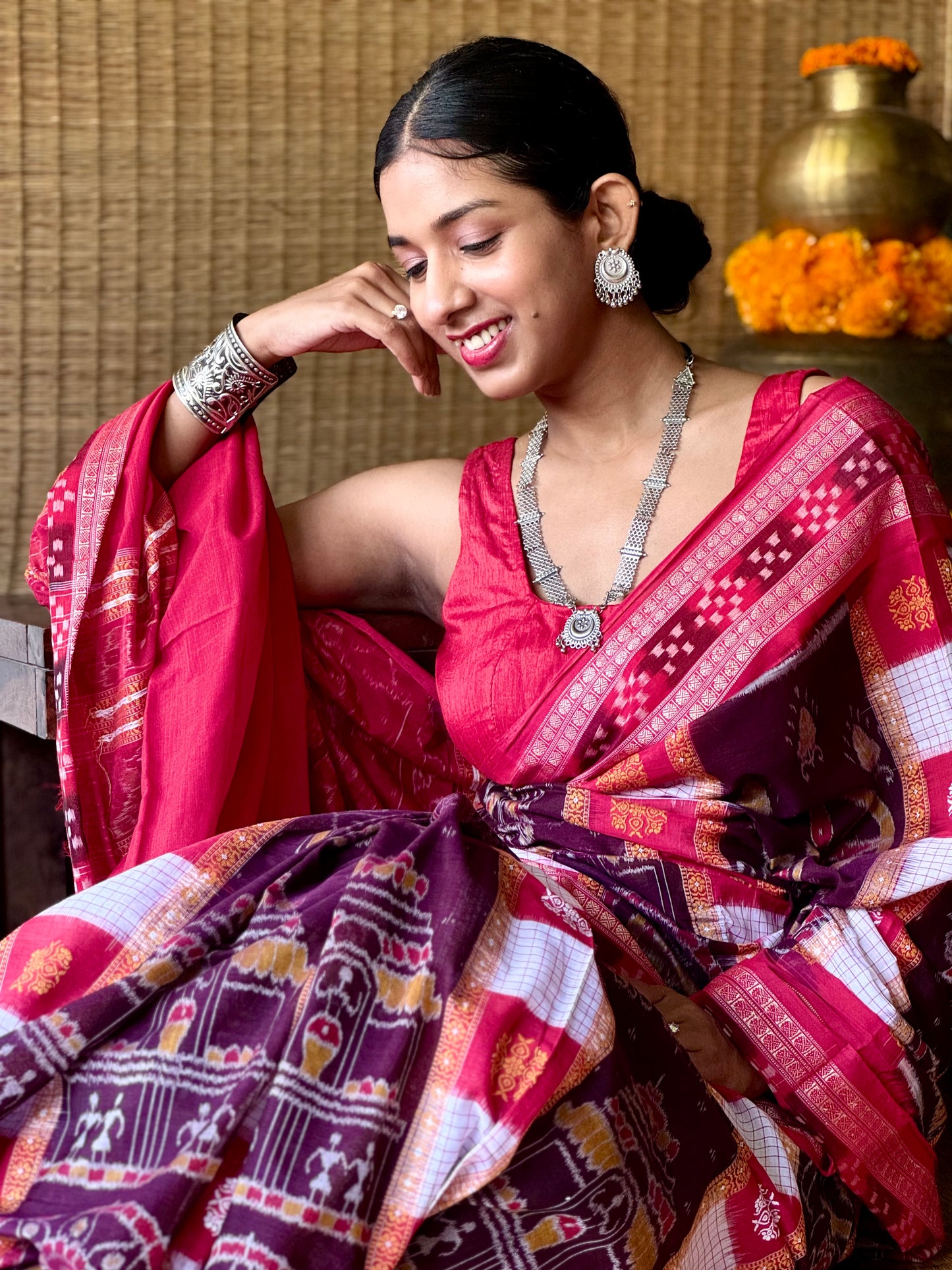Rajasi - Plum & Crimson Red Sambalpuri Cotton Saree