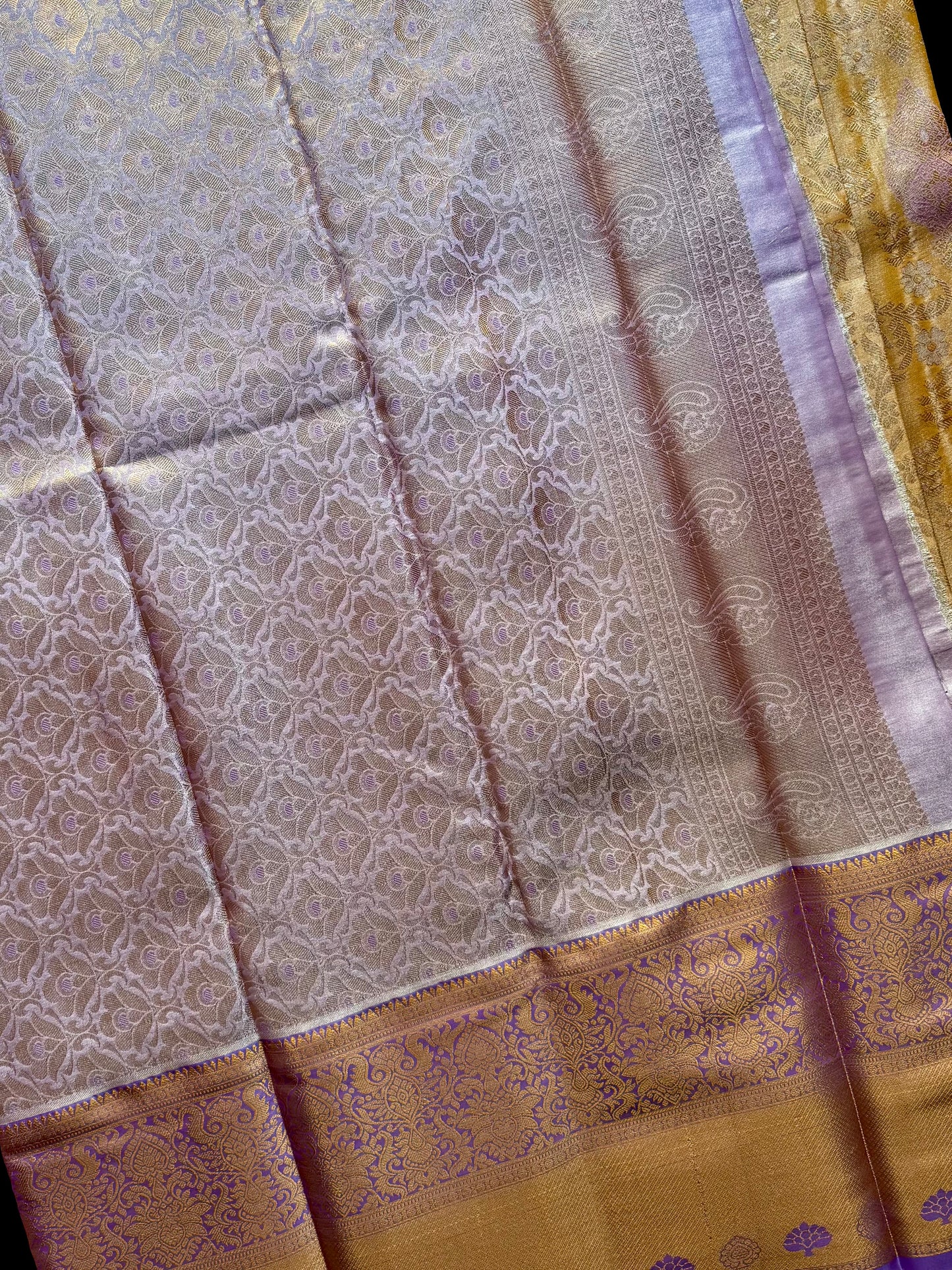 Tarang - Antique Gold & Lavender Kanchipuram Silk Saree with Floral Jaal