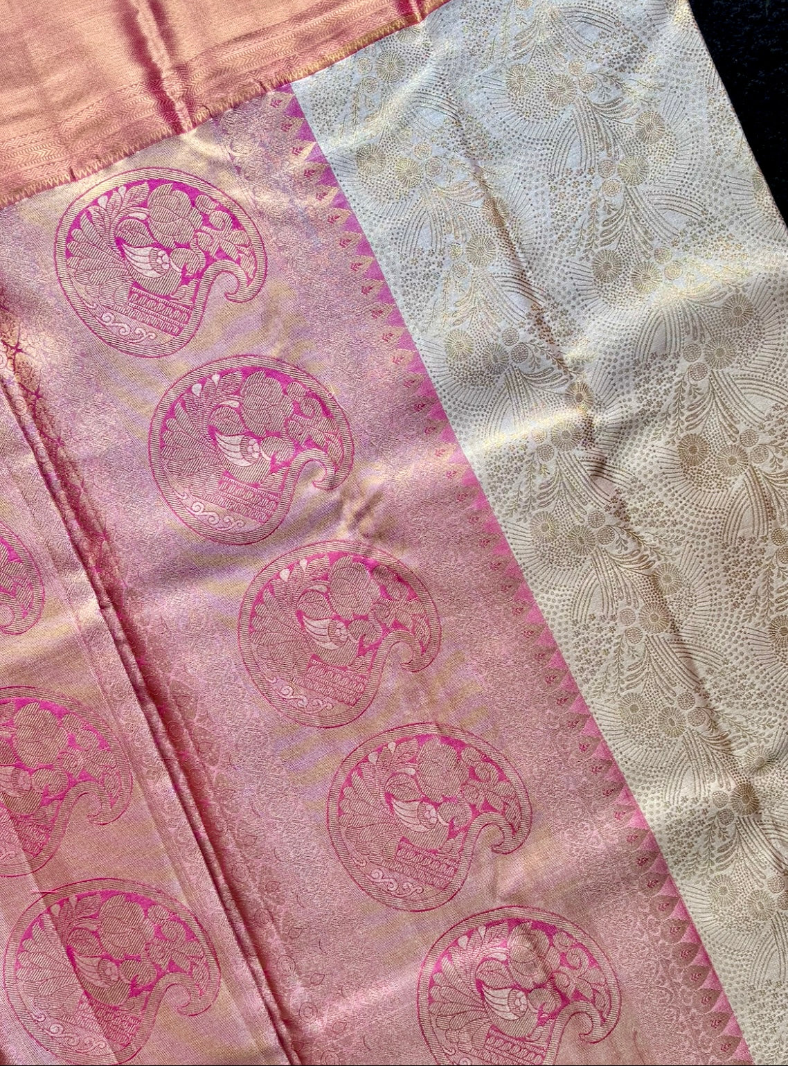 Roja - Ivory & Coral Pink Kanchipuram Silk Saree with Yali Motifs