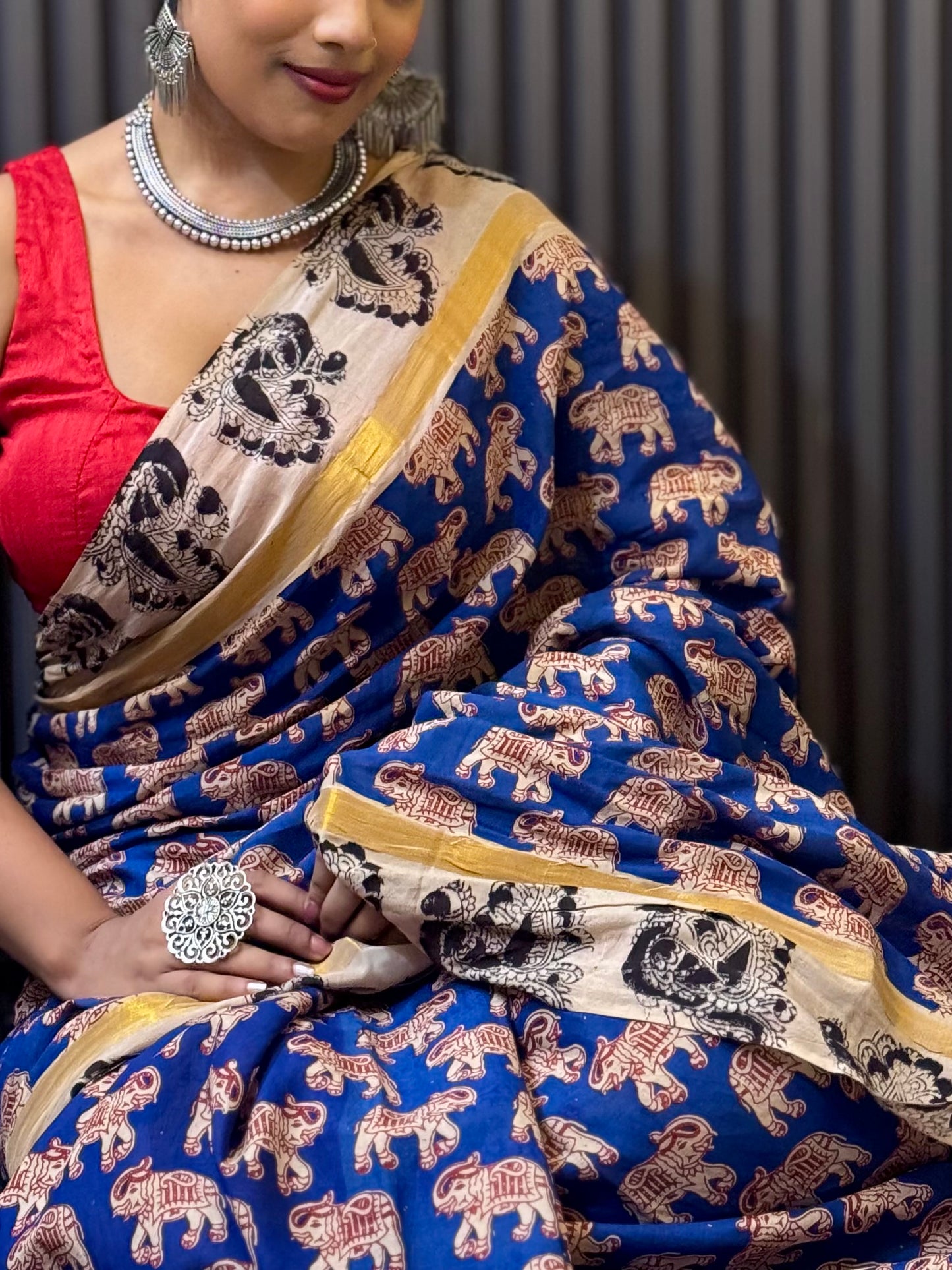 Hastika - Royal Blue Kalamkari silk saree with Elephant & Peacock Motifs