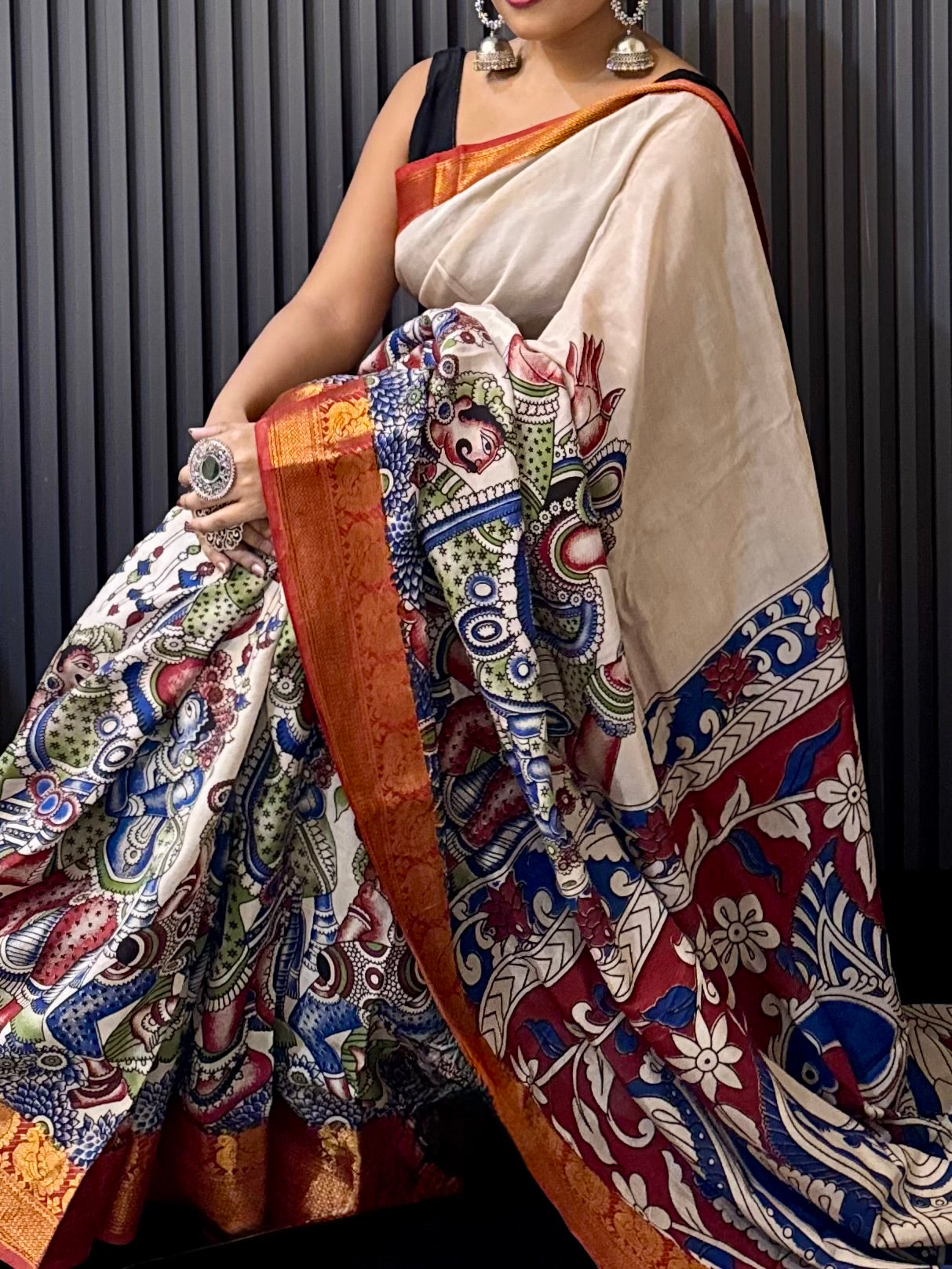 Ira - Beige kalamkari silk saree with Mythological & Peacock Motifs