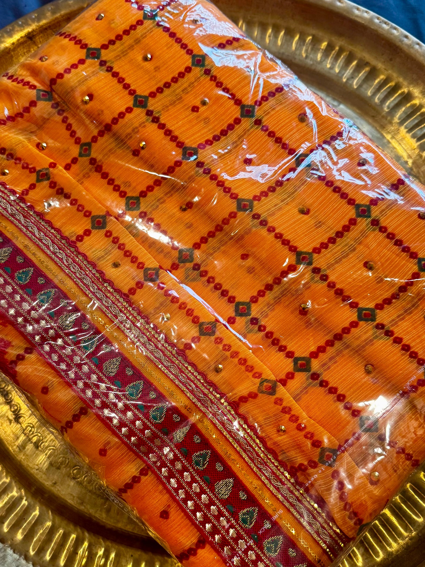 Surya Rekha – Mustard Red Silk Saree with Bandhani-Inspired Grid & Zari Border