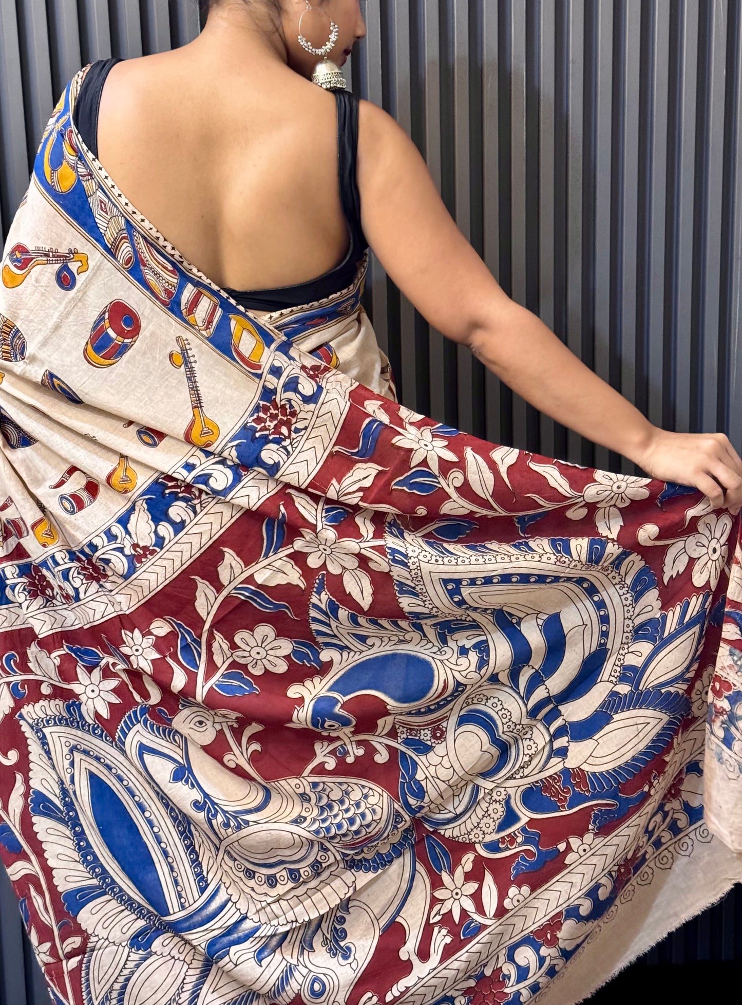 Swarangi - Cream Kalamkari mulmul cotton saree with Musical & Mythological Motifs