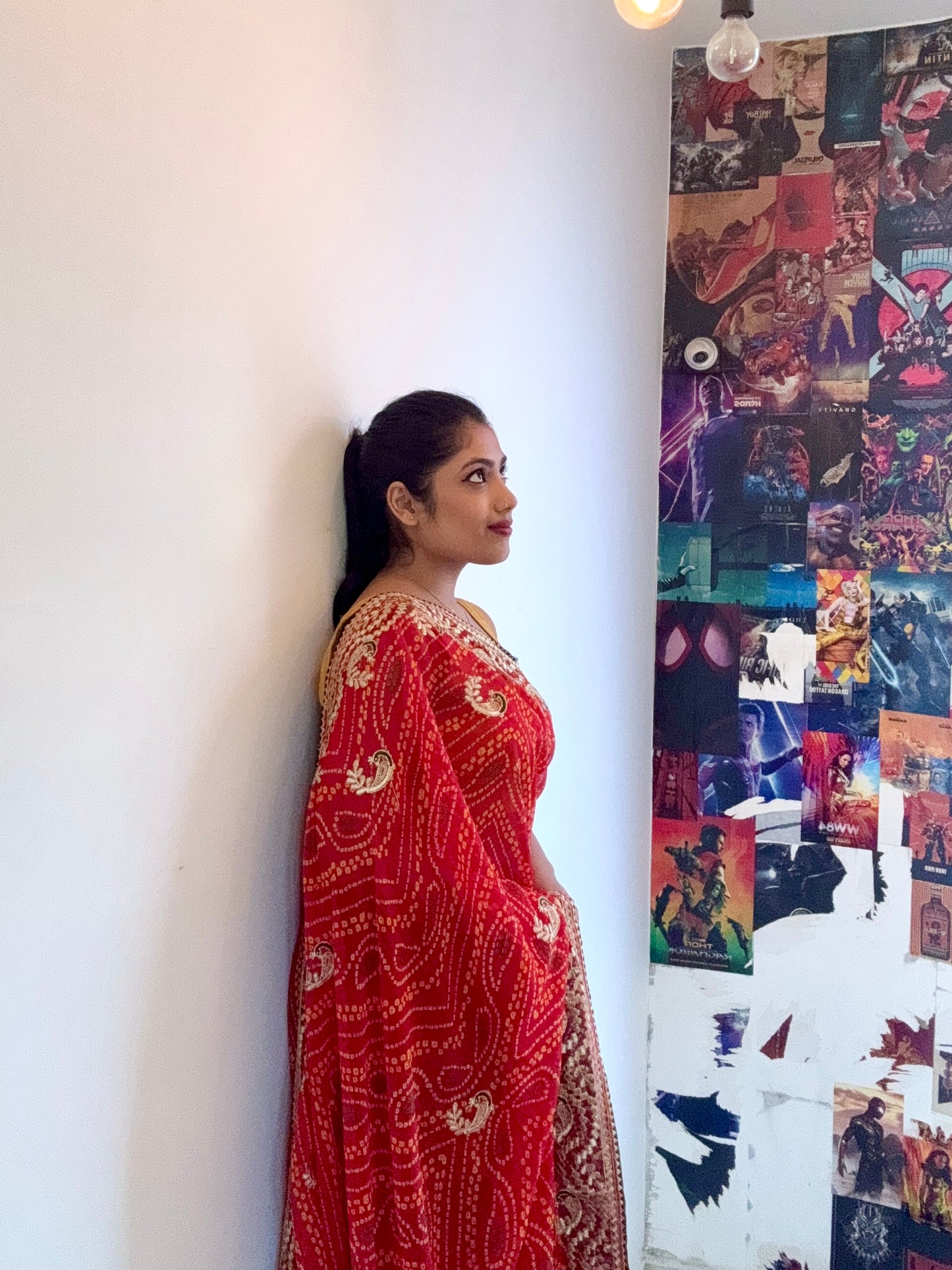 Kumkum – A Handcrafted Green Bandhani Saree with Gota Embroidery