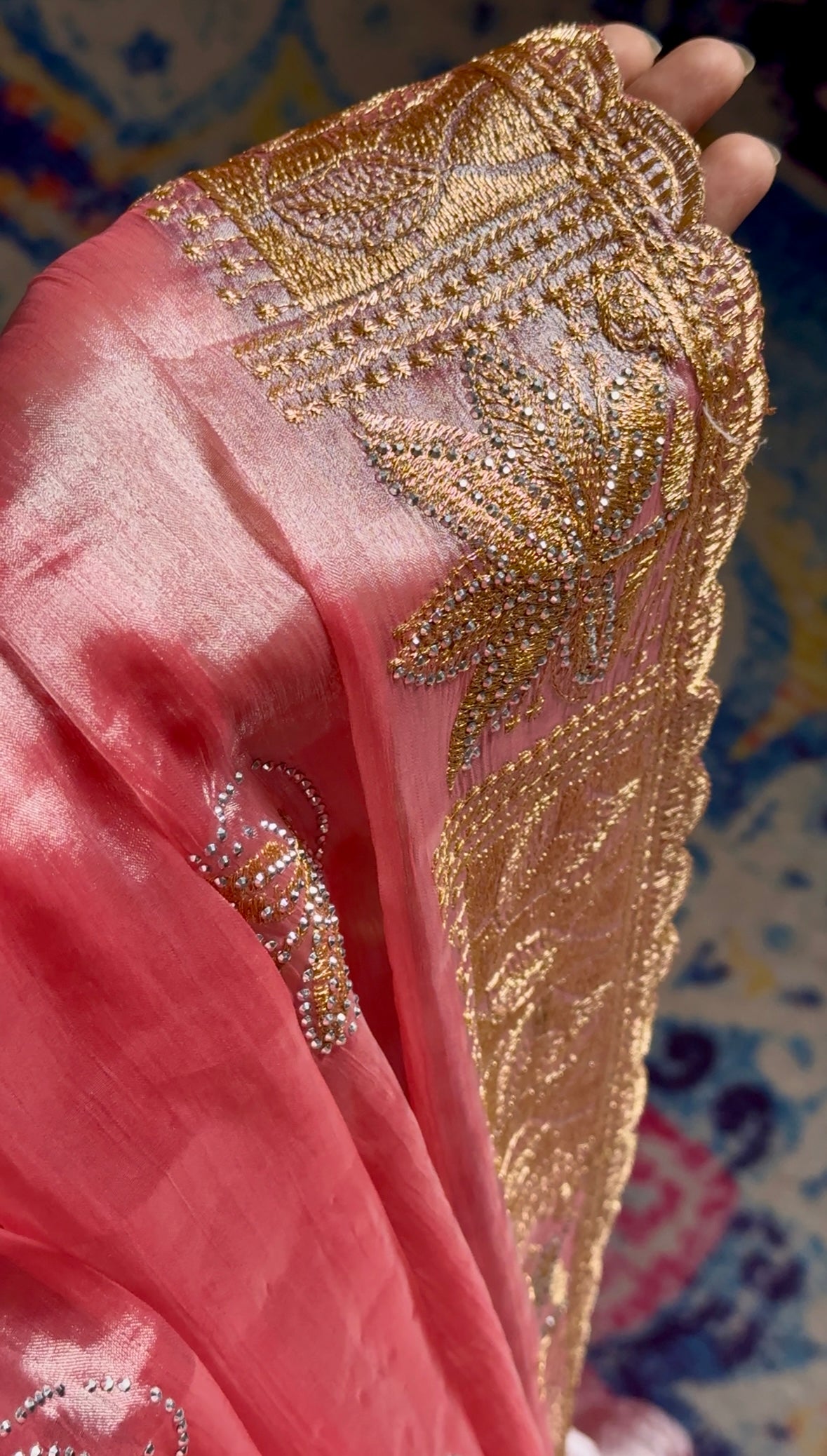 Pranaya – A Rose Gold Tissue Silk Saree with Zari Leaf Embroidery