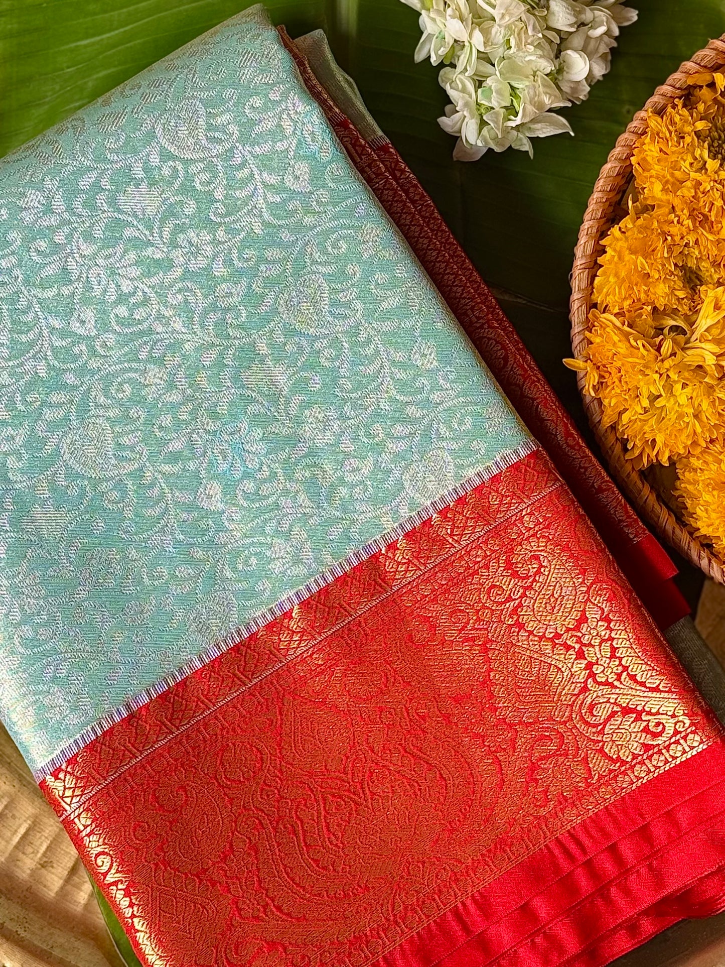 Ishita - Mint Green & Vermilion Red Kanchipuram Silk Saree with Paisley Jaal